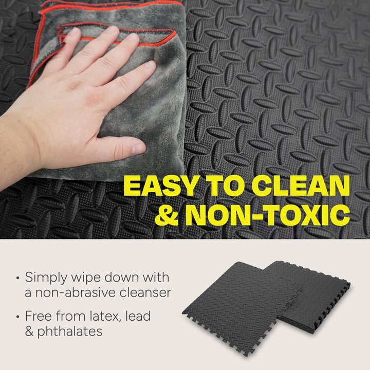 Centr EVA foam gym flooring being wiped clean with a cloth on its textured surface