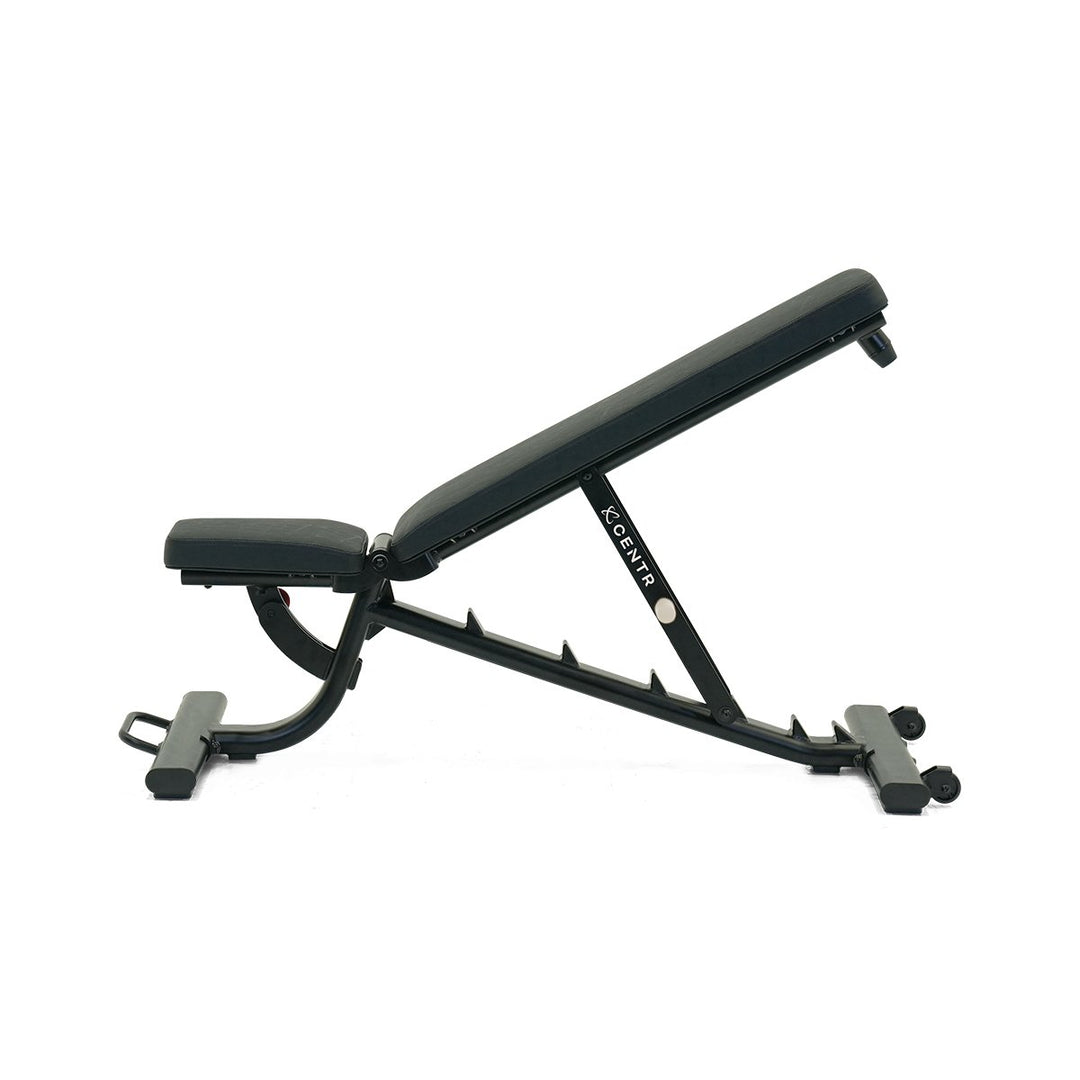 Centr adjustable workout bench in an incline position with padded backrest and heavy-duty steel frame