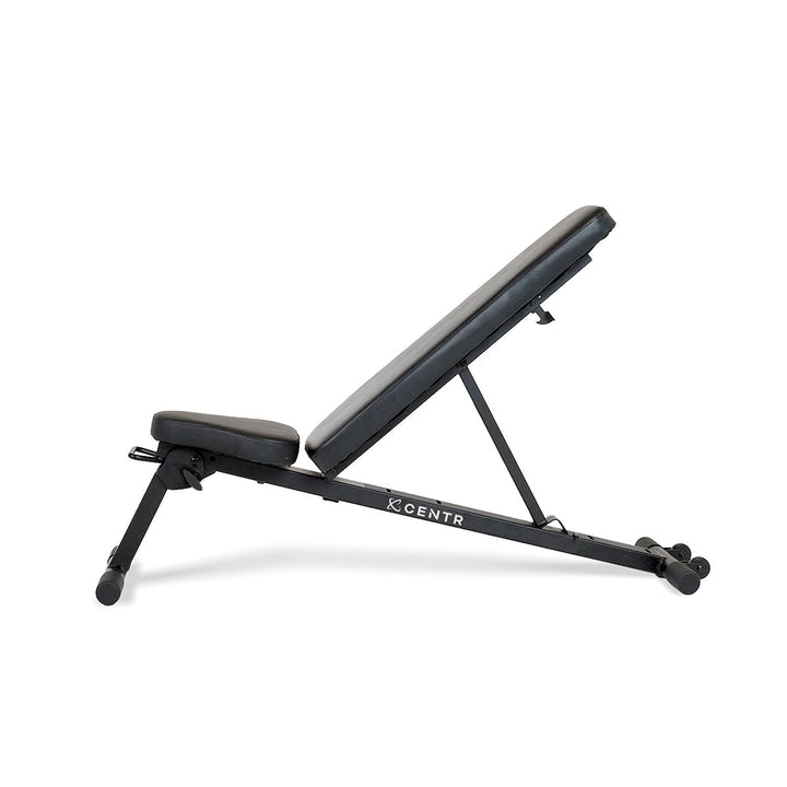 Centr folding workout bench in an incline position with padded backrest and heavy-duty steel frame