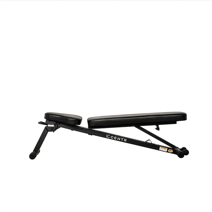 Centr folding workout bench set to a low incline position with adjustable padded backrest