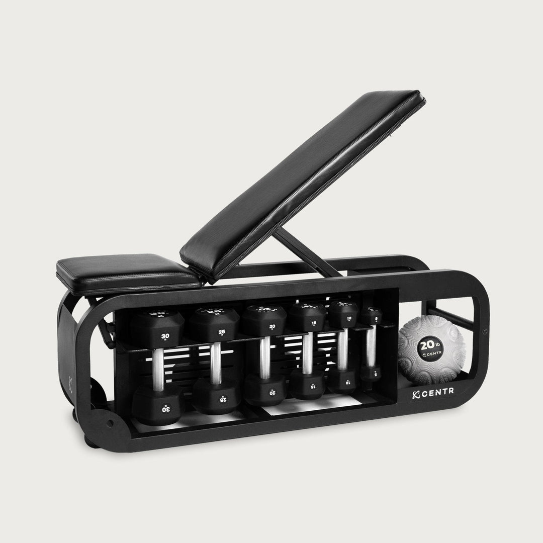 Centr Fusion adjustable workout bench with integrated dumbbell storage and inclined back pad