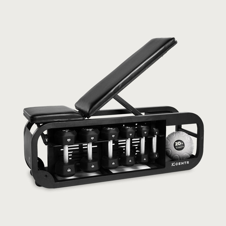 Centr Fusion adjustable workout bench with integrated dumbbell storage and inclined back pad
