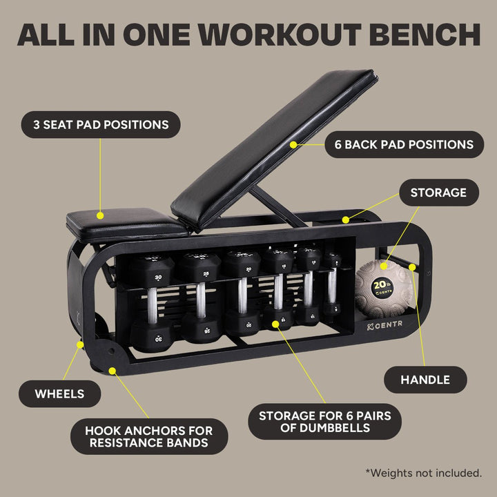 Centr Fusion workout bench showing adjustable pads, dumbbell storage, wheels, handle, and band anchors
