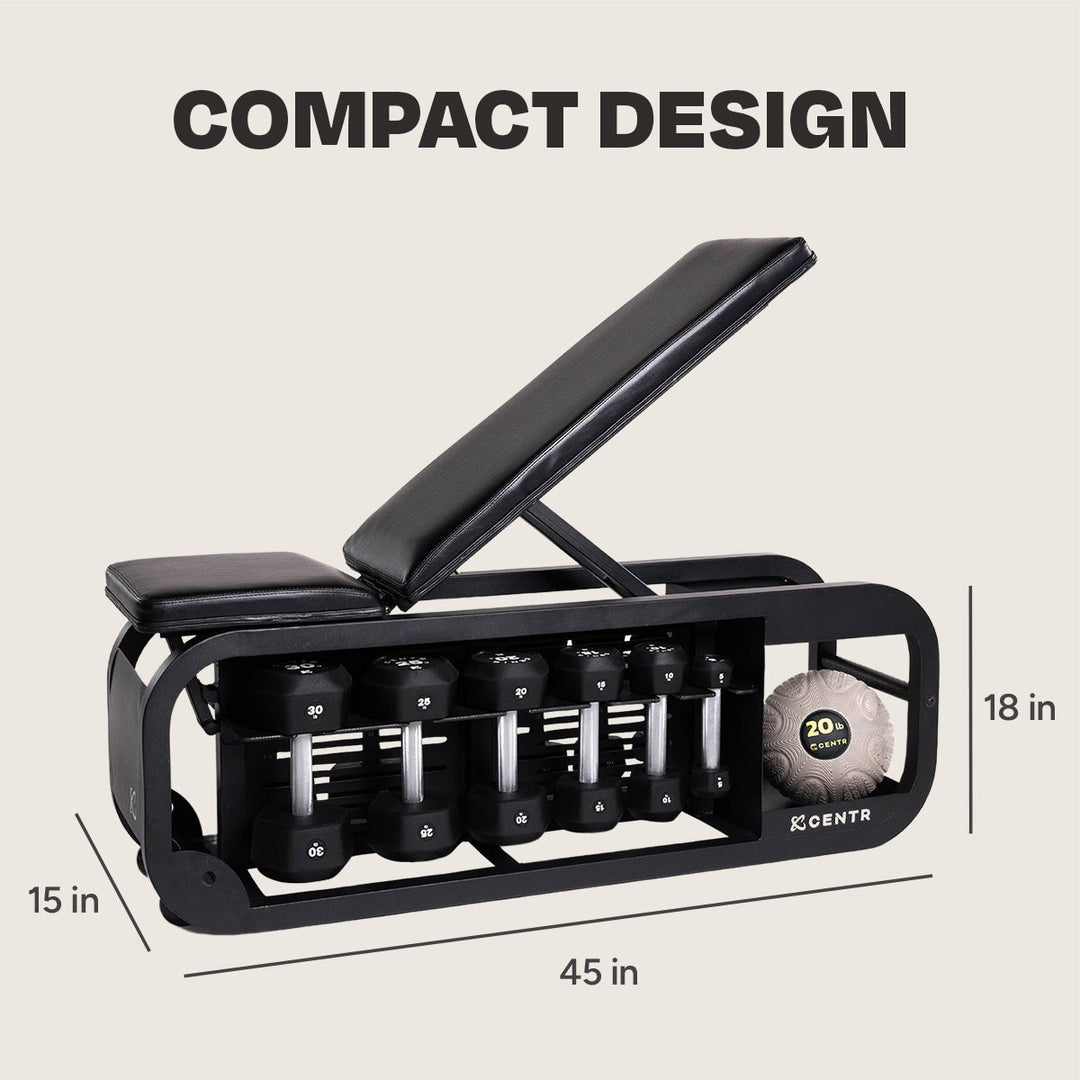 Centr Fusion workout bench showing compact dimensions of 45 inches long, 15 inches wide, and 18 inches high