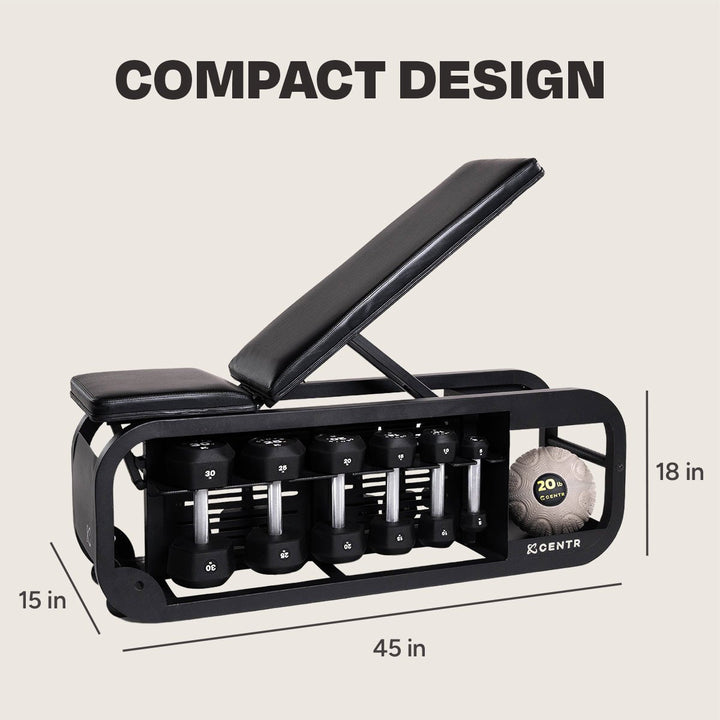 Centr Fusion workout bench showing compact dimensions of 45 inches long, 15 inches wide, and 18 inches high
