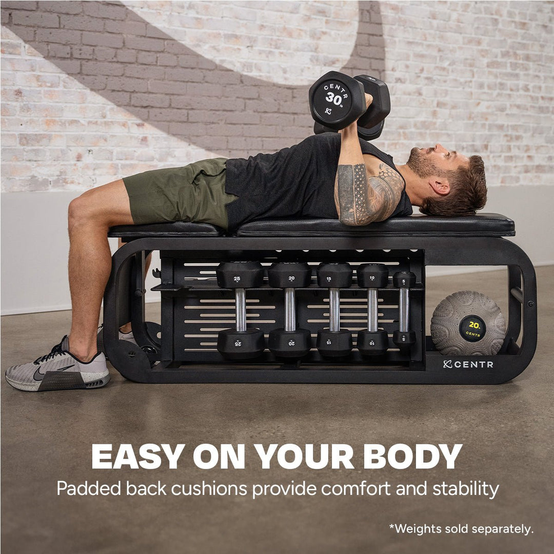 Centr Fusion adjustable workout bench used in the flat position for a dumbbell press