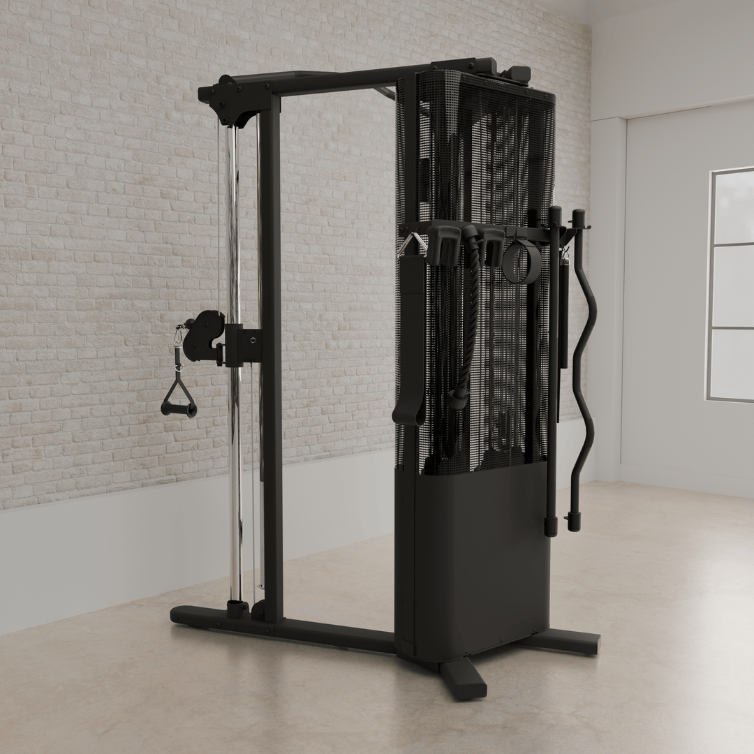 Rear angled view of Centr Inspire FT1 PRO functional trainer showing frame, cables, and built-in storage