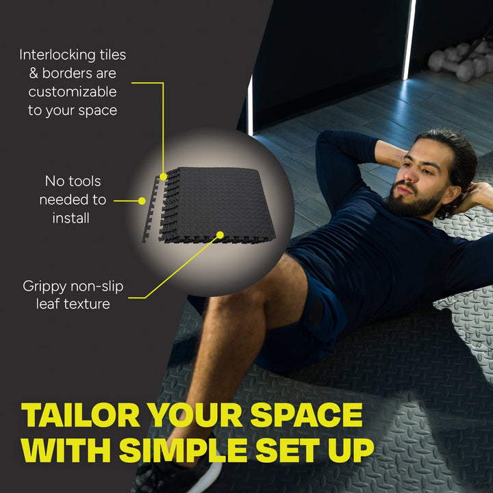 Centr interlocking gym flooring configured with borders for a customizable workout surface
