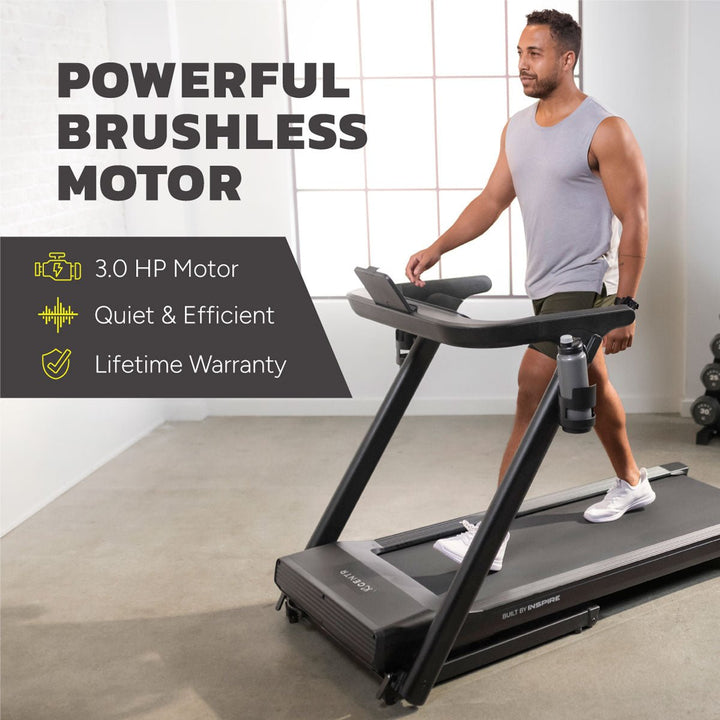 Centr Runr treadmill highlighting its 3.0 HP brushless motor, quiet operation, and lifetime warranty