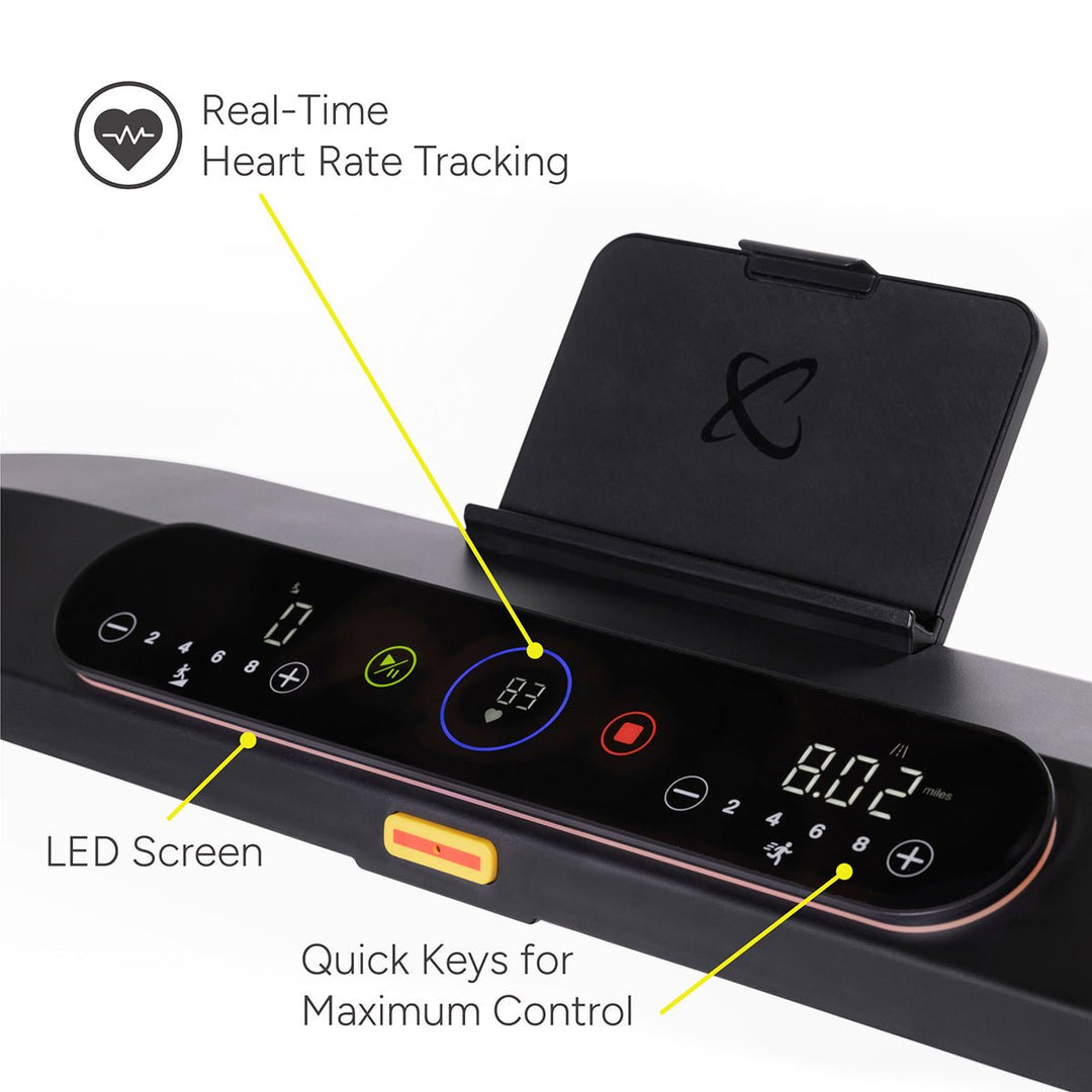 Centr Runr treadmill LED console with quick keys, tablet holder, and heart-rate tracking display