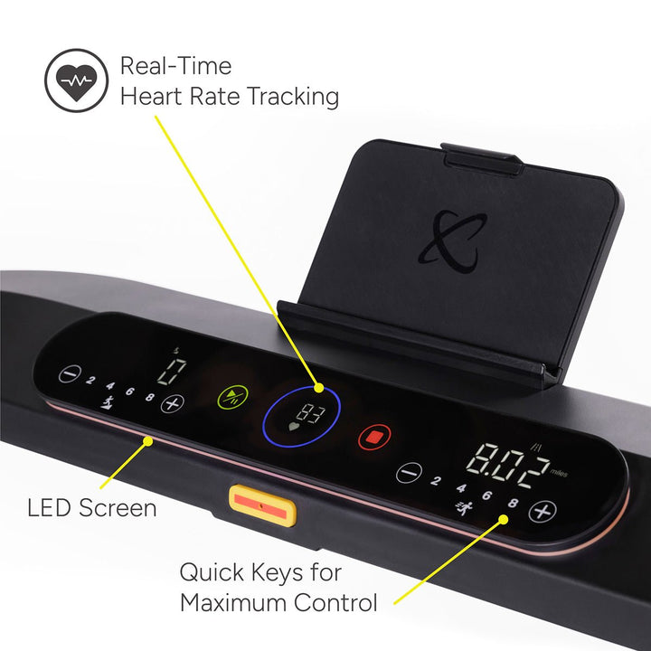 Centr Runr treadmill LED console with quick keys, tablet holder, and heart-rate tracking display