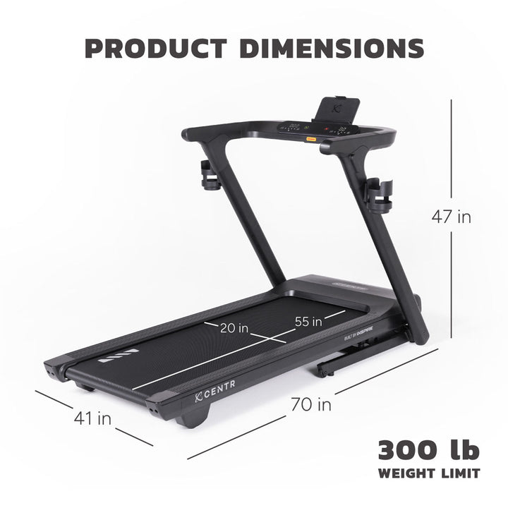 Centr Runr treadmill with assembled dimensions and 300 lb user weight limit displayed