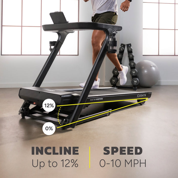 Centr Runr treadmill showing up to 12% incline and a speed range of 0 to 10 mph