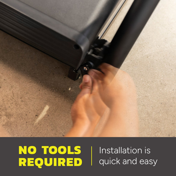 Close-up of Centr Runr folding treadmill tool-free setup mechanism