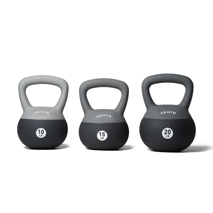 Centr soft round kettlebell set with 10, 15, and 20 lb weights in black and grey