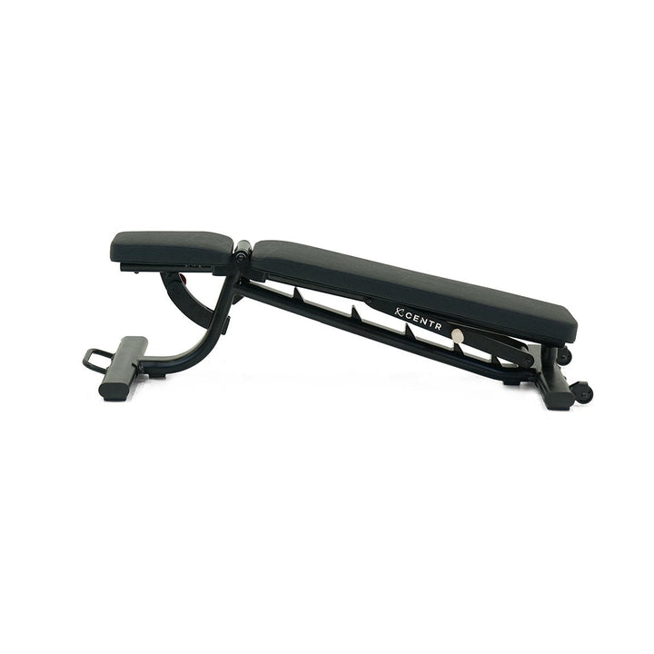 Centr adjustable workout bench set at a low incline with adjustable back and seat pads