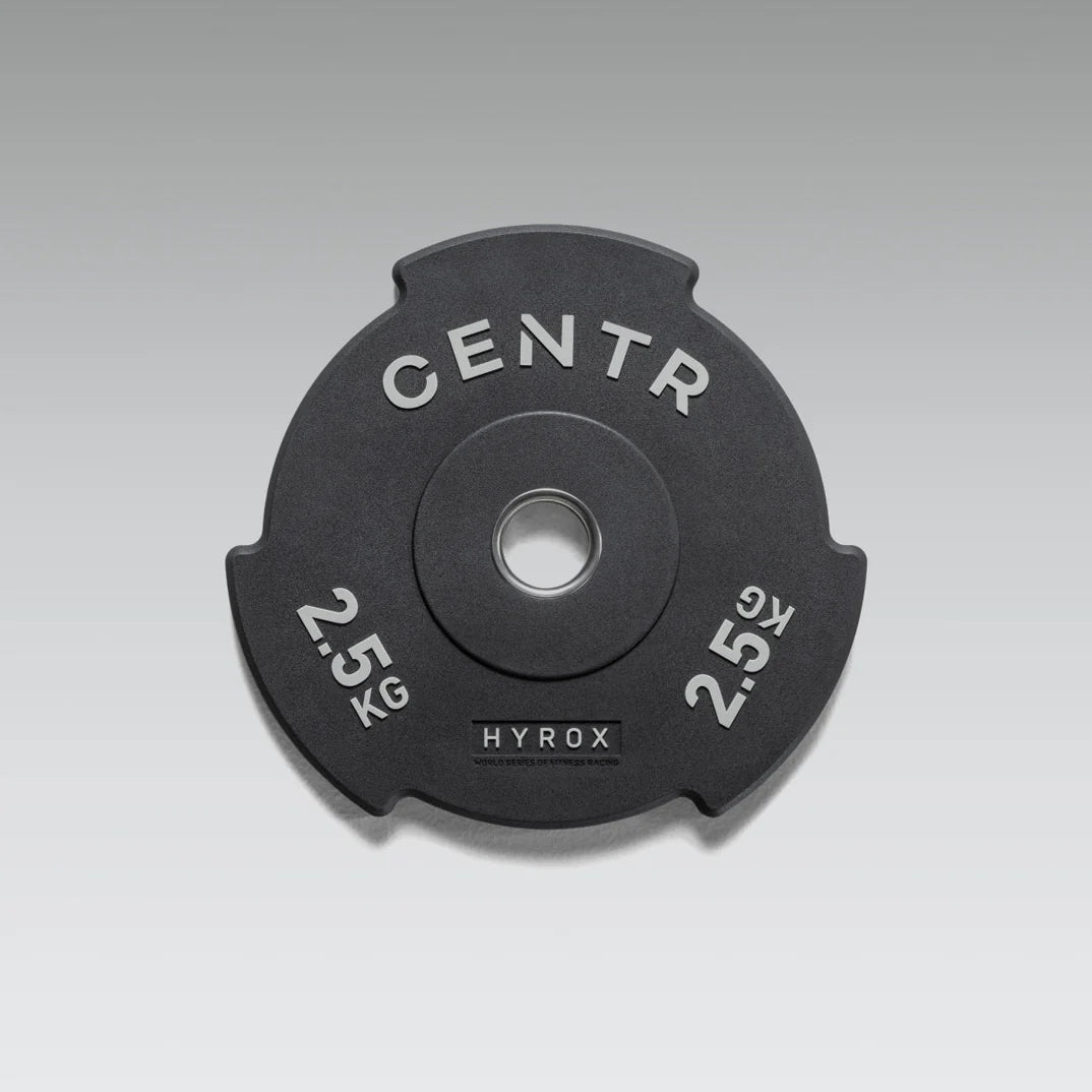 Front view of the Centr x HYROX Edge Bumper Plate in the 2.5 kg weight.