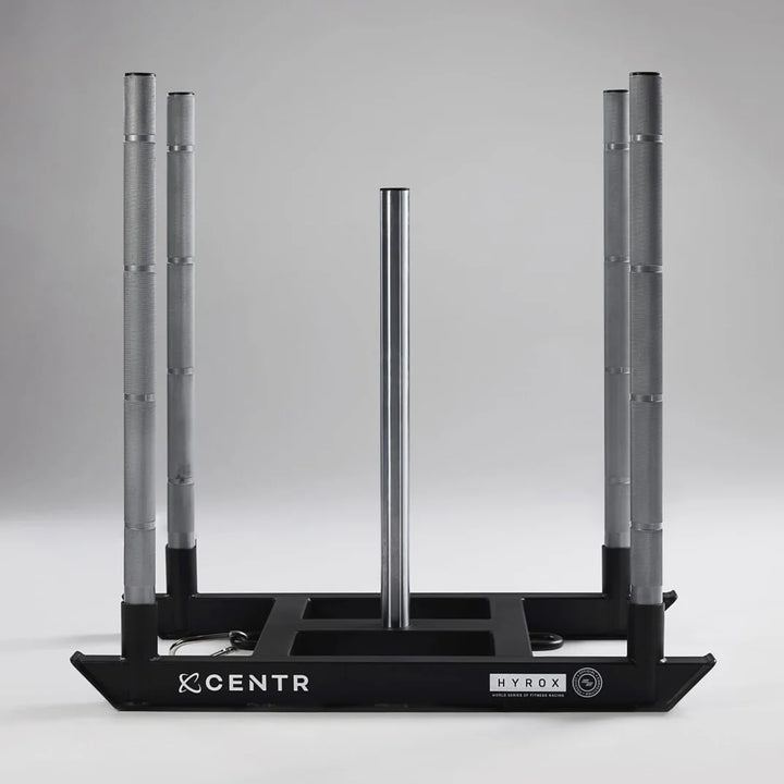 Centr x HYROX Youngstars training sled with removable weight poles for sled push and pull workouts.
