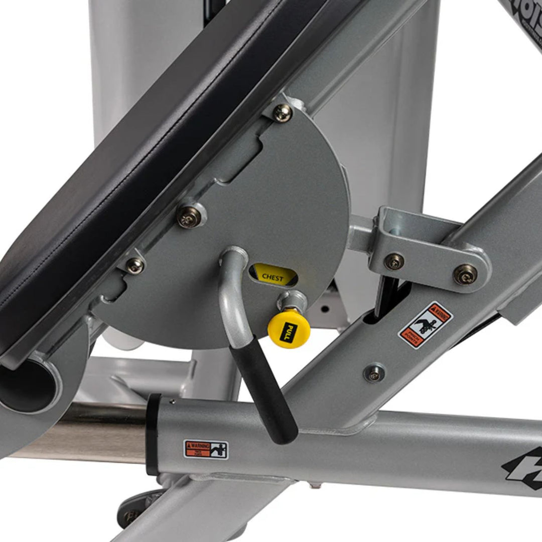 close up of adjustment mechanism on chest and shoulder press machine for custom positioning