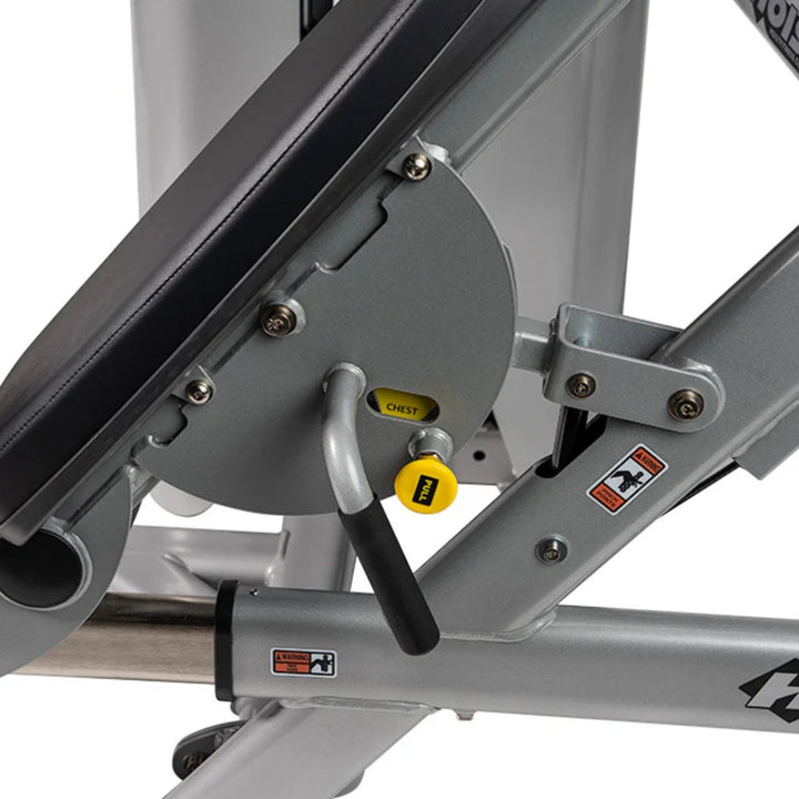 close up of adjustment mechanism on chest and shoulder press machine for custom positioning