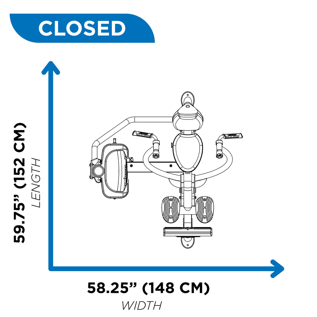 overhead diagram showing closed footprint of chest press machine at 59.75 inch length and 58.25 inch width