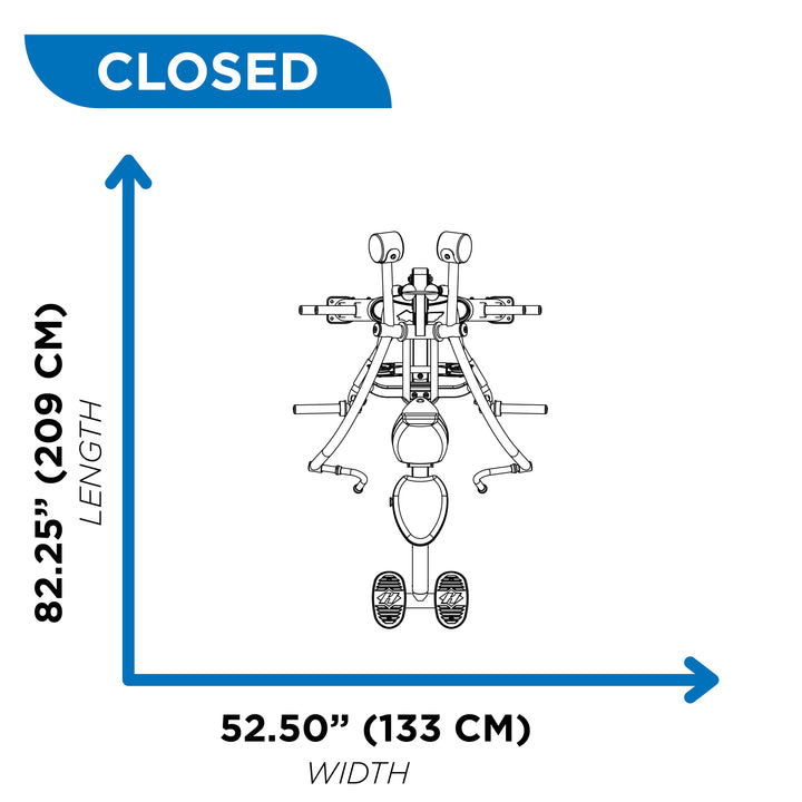 overhead diagram showing closed footprint of chest press machine at 82.25 inch length and 52.50 inch width