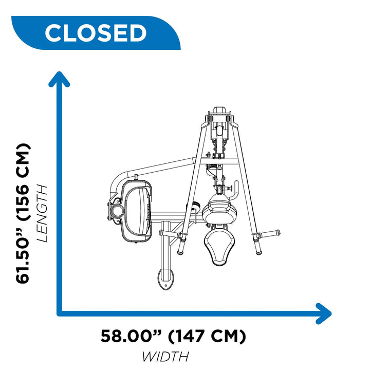 diagram showing chest press machine dimensions in closed position for gym layout planning