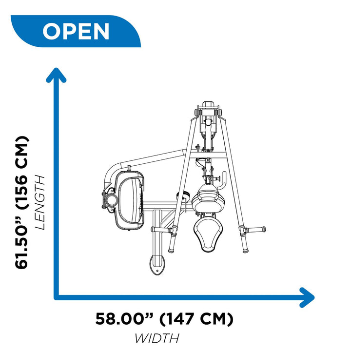 diagram showing chest press machine dimensions in open position with full range of motion
