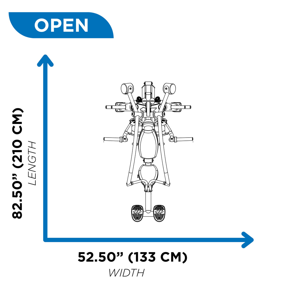 overhead diagram showing open footprint of chest press machine at 82.50 inch length and 52.50 inch width