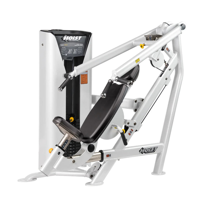 chest and shoulder press machine in light frame finish for upper body workouts