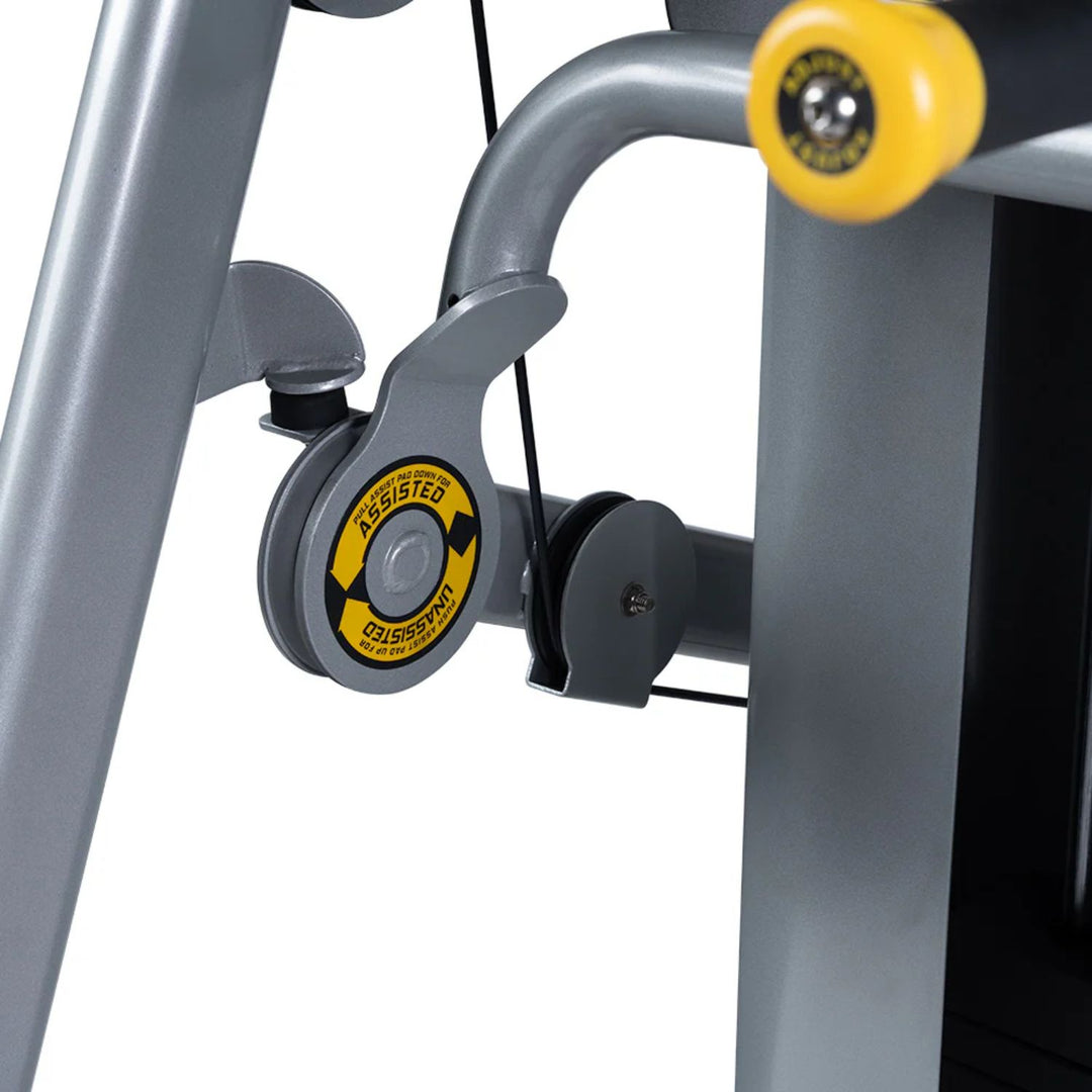 close up of adjustment knob and assist mechanism on chin dip assist machine