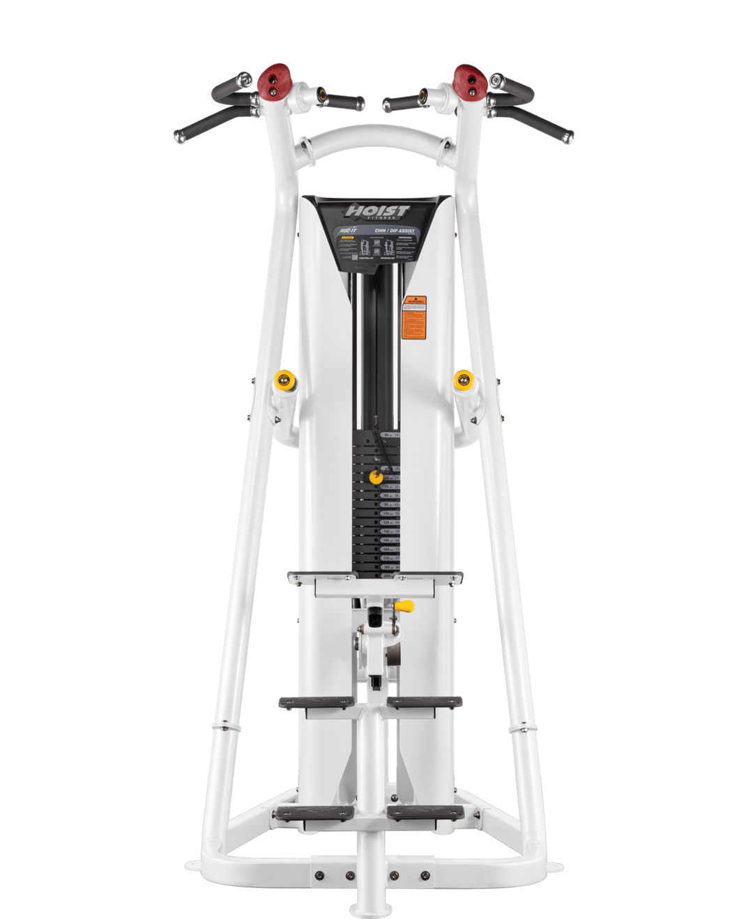 front view of assisted pull-up and dip machine showing symmetrical handle placement