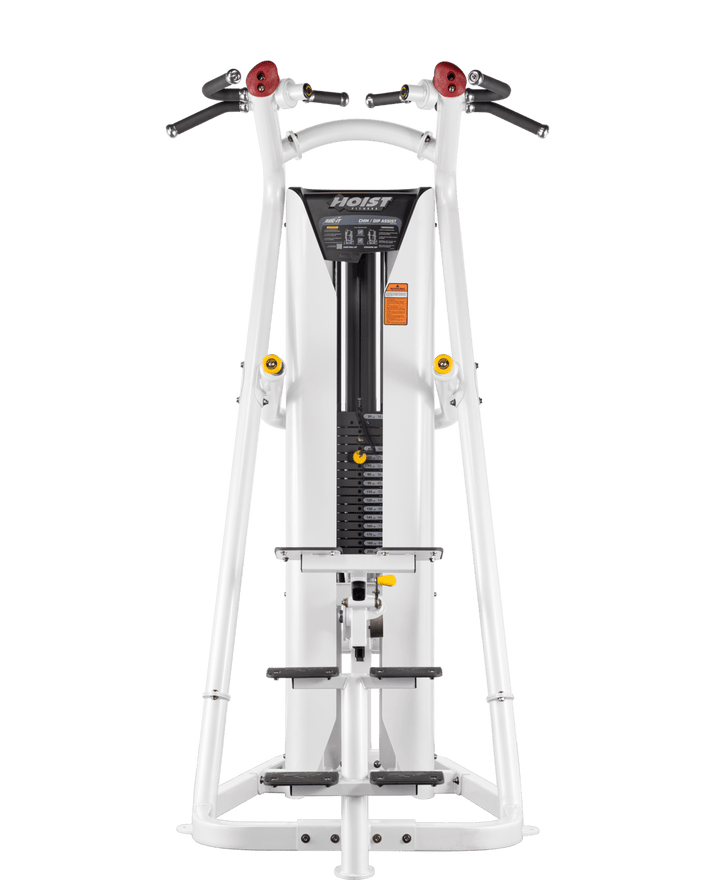 front view of assisted pull-up and dip machine showing symmetrical handle placement