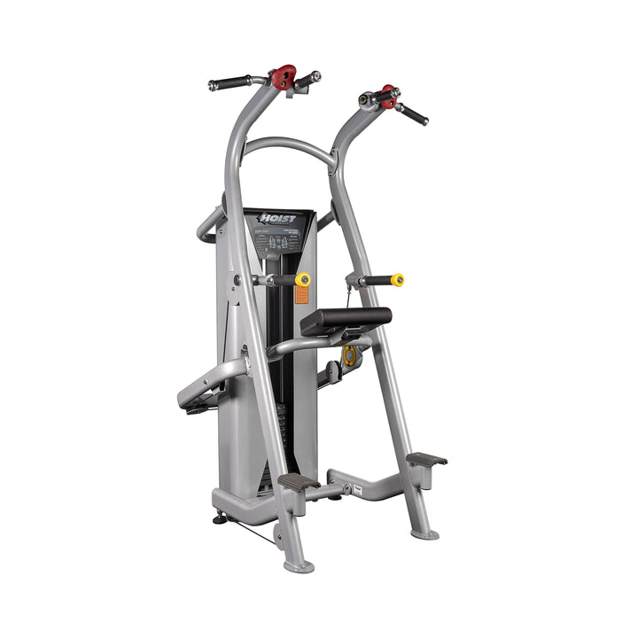 front view of chin and dip assist machine with pull-up bars and knee assist platform