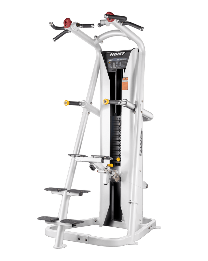 rear angle of chin dip assist machine showing weight stack and frame structure