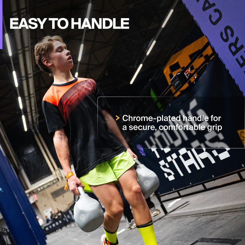 Close-up of the chrome-plated handle on the Centr x HYROX Youngstars competition octo kettlebell.