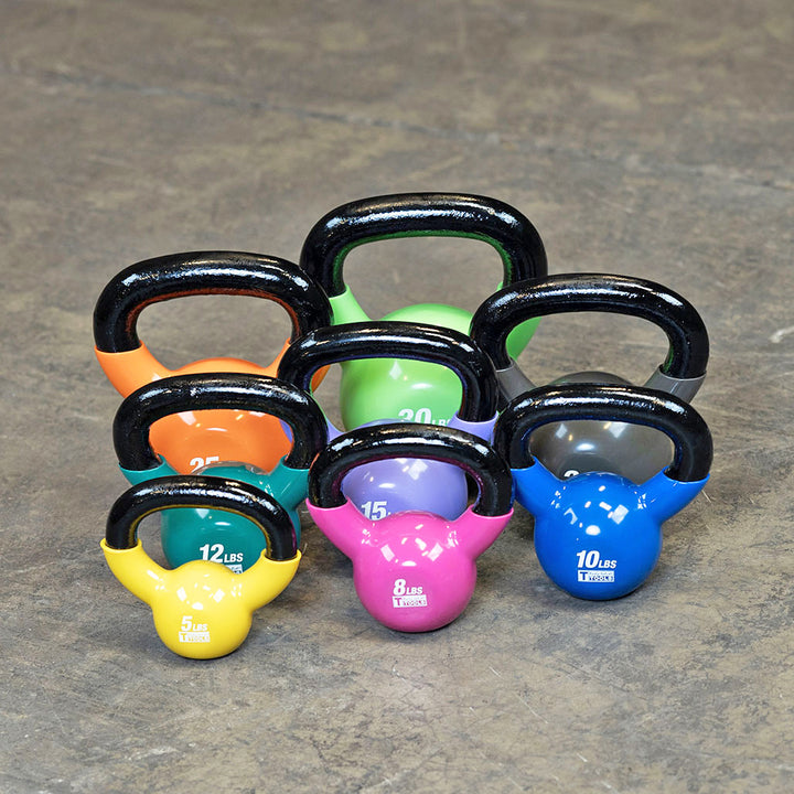 Color-coded kettlebell weight set with black handles