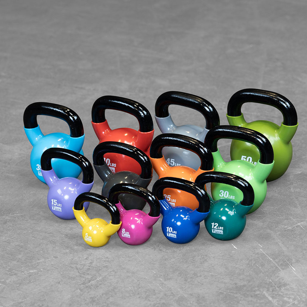 Colorful kettlebell weight set in multiple sizes and weights