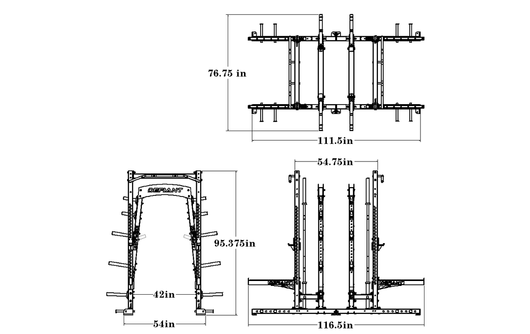 Technical dimension drawing of the Defiant Strength Combo Half Rack showing overall measurements.