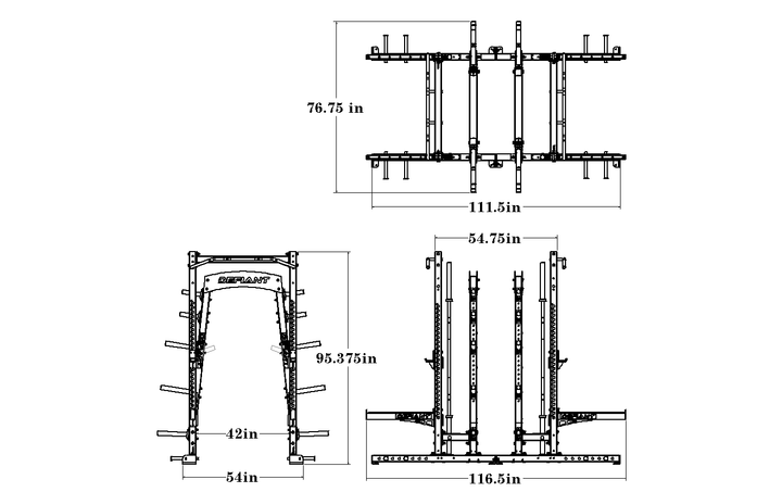 Technical dimension drawing of the Defiant Strength Combo Half Rack showing overall measurements.
