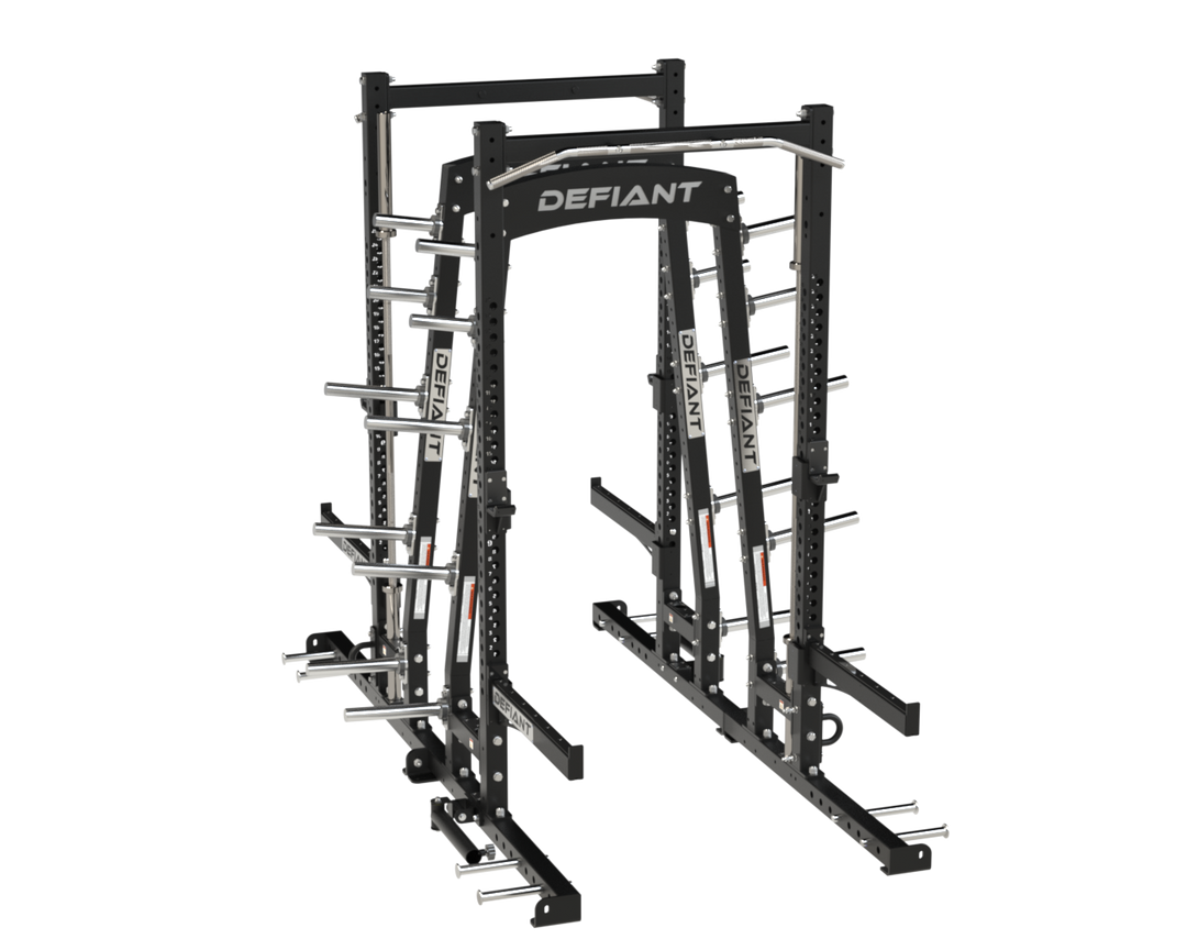 Front three-quarter view of the Defiant Strength Combo Half Rack for commercial strength training.