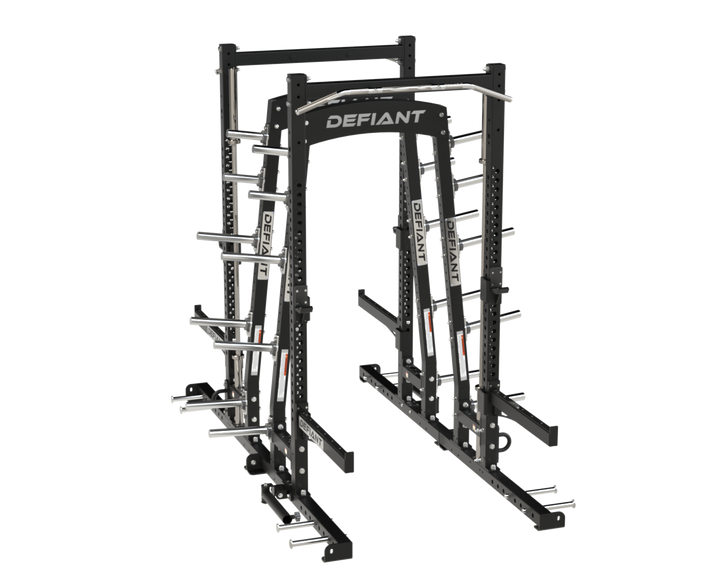 Front three-quarter view of the Defiant Strength Combo Half Rack for commercial strength training.