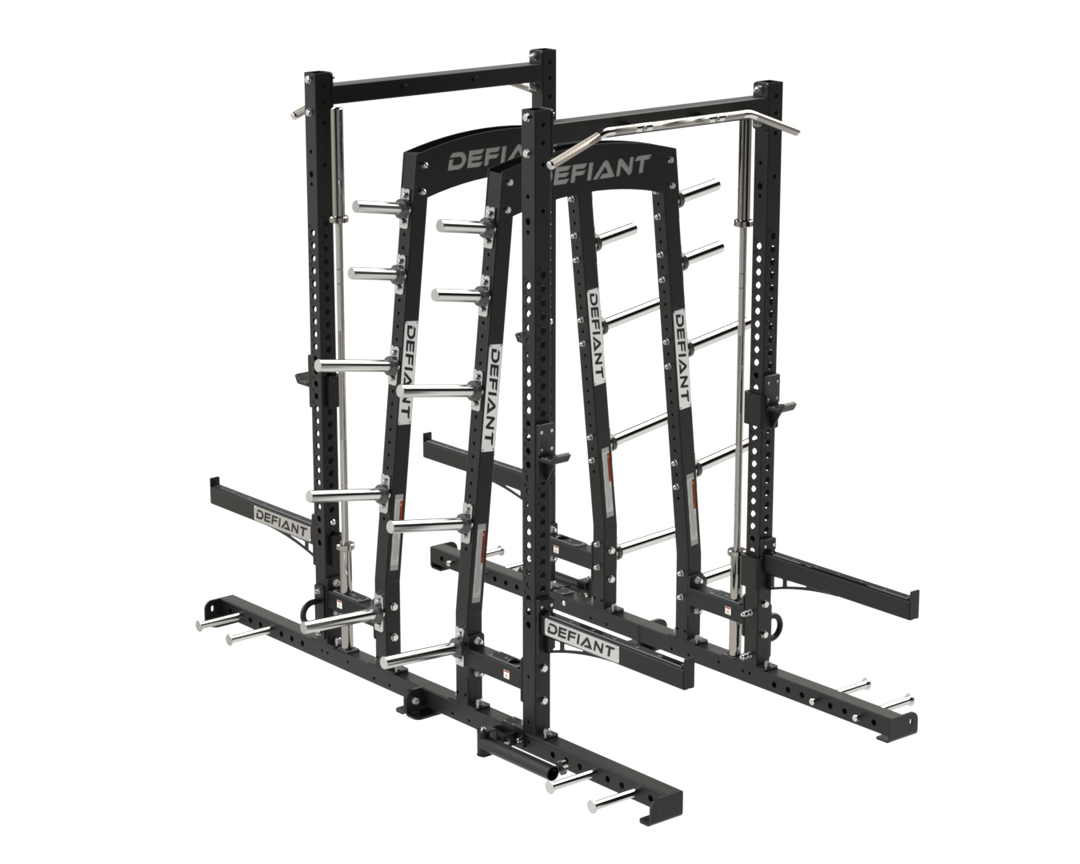 Front angle view of the Defiant Strength Combo Half Rack with integrated plate storage.