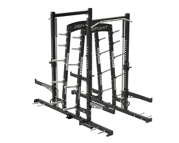 Front angle view of the Defiant Strength Combo Half Rack with integrated plate storage.