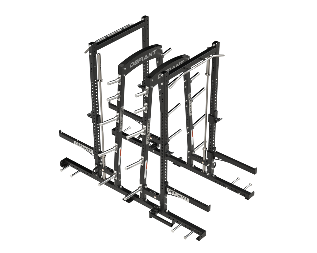 Rear perspective of the Defiant Strength Combo Half Rack showing the rack frame and storage system.