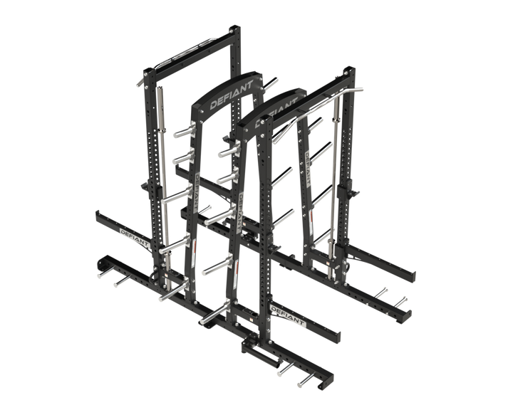 Rear perspective of the Defiant Strength Combo Half Rack showing the rack frame and storage system.