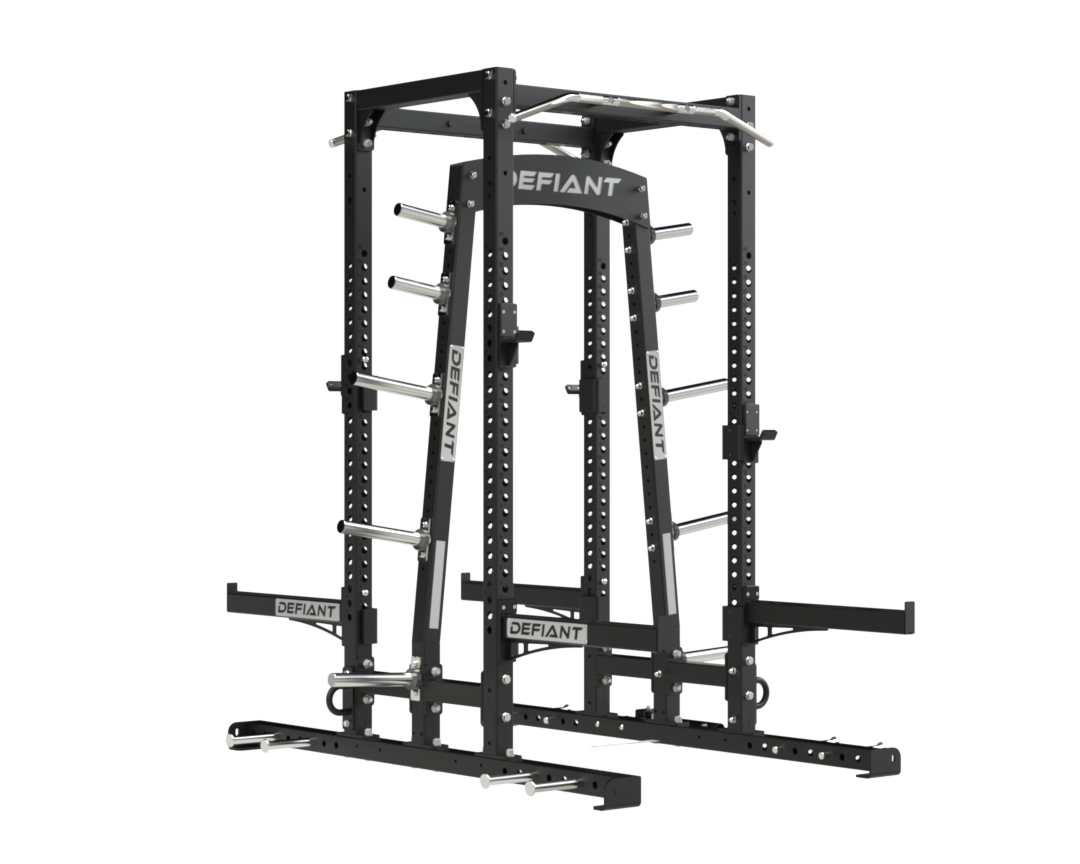 Angled view of the Combo Half Rack Short Base System showing the commercial rack frame and storage horns.