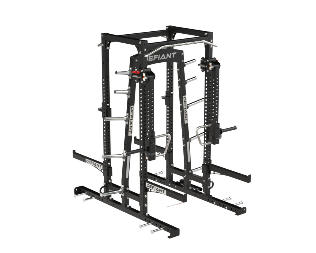 Rear angled view of the Combo Half Rack Short Base System with plate storage and rack uprights.