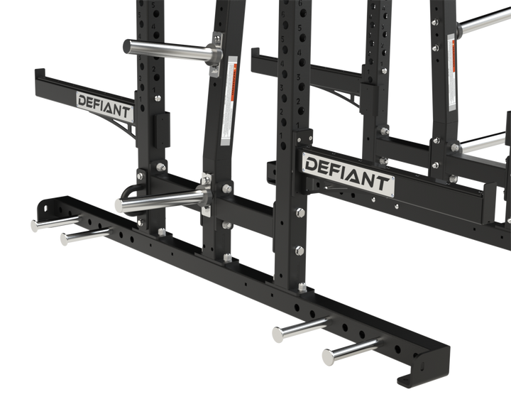 Close-up of the Combo Half Rack Short Base System showing integrated weight plate storage horns.