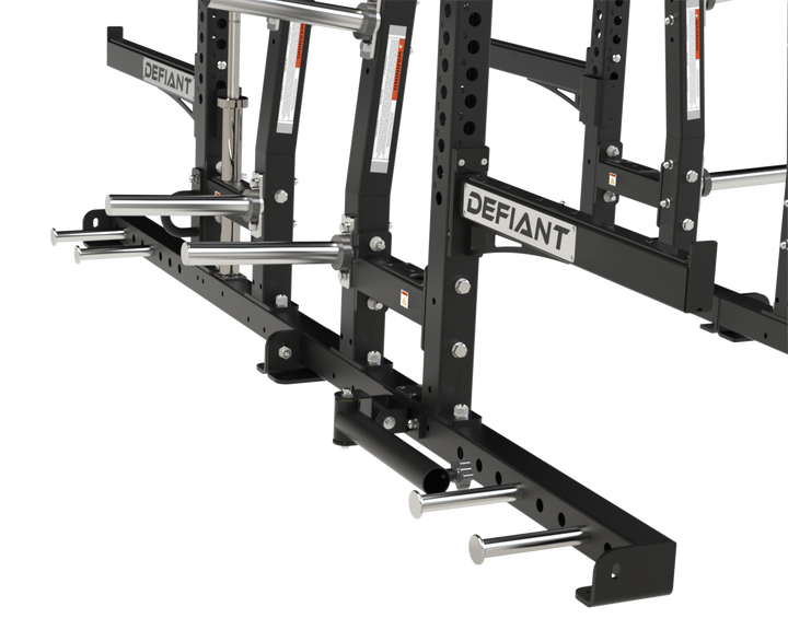 Close-up of integrated weight plate storage horns on the Defiant Strength Combo Half Rack.